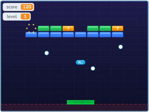 The Scratch Stage of Brick Breaker IV, the finished Brick Breaker — what this lesson builds.