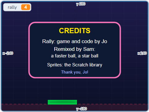 The Scratch Stage of Studio Launch I, Sam's Star Rally, with its credits — what this lesson builds.